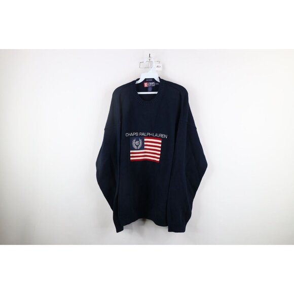 Vtg 90s Chaps Ralph Lauren Mens XL Hand Framed Spell Out USA Flag Knit Sweater
